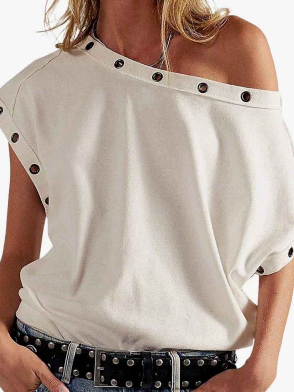 Off-Shoulder White Grommet Eyelet Top - Size M